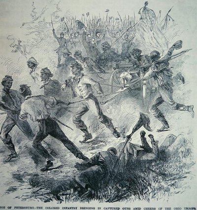 Zwarte troepen van het Union Army brengen veroverde kanonnen binnen tijdens het Beleg van Petersburg (1864-65) door American School