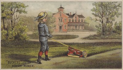 Jongen die gras maait buiten landhuis door American School