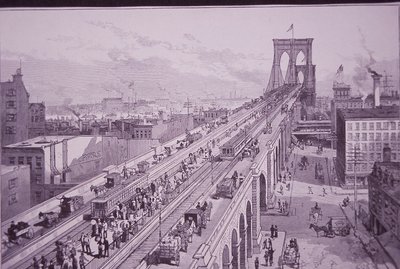 Brooklyn Bridge net na de openingsceremonie, gepubliceerd op 26 mei 1883 (gravure) door American School