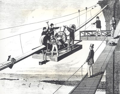 Brooklyn Bridge in aanbouw in 1876, het vlechten van de hangkabels (gravure) door American School