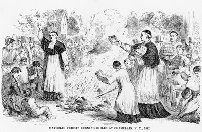 Katholieke priesters die bijbels verbranden in Champlain, New York, illustratie uit een anti-katholiek pamflet, 1842 door American School