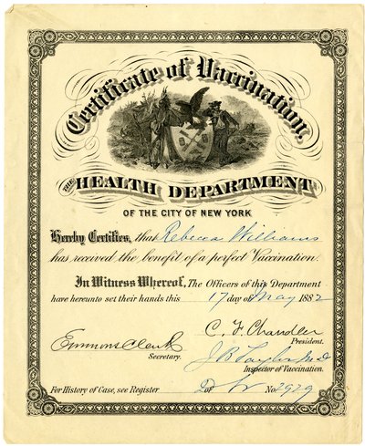 Vaccinatiecertificaat, de Gezondheidsdienst van de Stad New York..., 1882 door American School