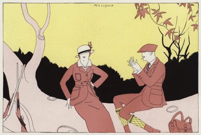 Toevallige ontmoeting van een ooit getrouwd stel, een scène uit het korte verhaal A Chance Meeting van J A Waldron (kleurenlitho) door American School