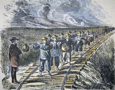 Charles Crocker (1822-88) en zijn Chinese arbeidskrachten bouwen de Central Pacific Railroad, voltooid in 1869 door American School