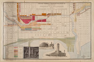 Chicago Terminal Transfer Railroad Co. kaart met eigendommen van spoorwegen in het zakencentrum van Chicago, ca. 1898 door American School