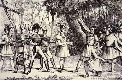 Chief Tecumseh (1768-1813) die General Harrison (1773-1841) trotseert (gravure) door American School