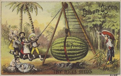 Kinderen voeden een enorme watermeloen op (chromolitho) door American School