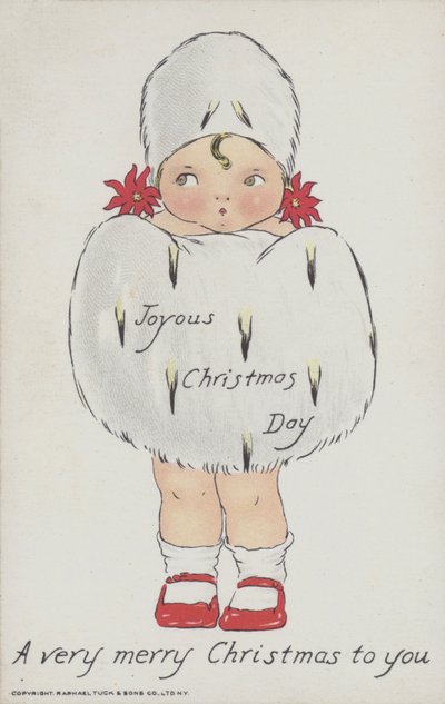 Kerstwenskaart met afbeelding van een kind met een kerstmuts en -muts. (chromolitho) door American School