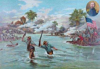Kol. Funston en 20th Kansas Volunteers steken de rivier over bij Calumpit, 26 april 1899, pub. 1899 door American School