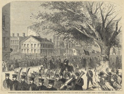 Connecticut - Eerste openbare parade van de Ridders van Pythias van Connecticut, in New Haven. De scène op Chapel Street, uit Harper