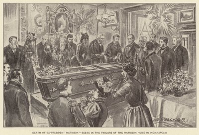 De dood van ex-president Harrison, scène in de salons van het huis van Harrison in Indianapolis (litho) door American School