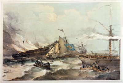 Vernietiging van het emigrantenschip Ocean Monarch, gegraveerd door Maclure, 1845 door American School