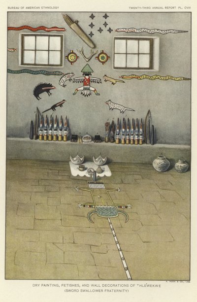 Droogschilderingen, fetisjen en muurdecoraties van Thlewekwe (broederschap van zwaardvechters) (kleurenlitho) door American School