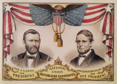 Verkiezingsposter voor de Amerikaanse presidentsverkiezingen van 1868 met afbeelding van Ulysses S. Grant en Schuyler Colfax, 1868 door American School