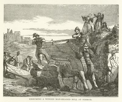 Opgraving van een gevleugelde man-hoofdige stier in Nimrud door American School