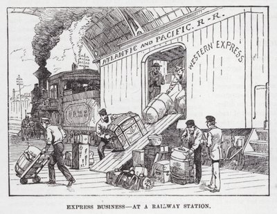 Expresbedrijf, op een Treinstation (gravure) door American School
