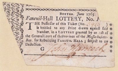 Faneuil-Hall-loterijticket, ondertekend door John Hancock (1737-93) 1765 door American School