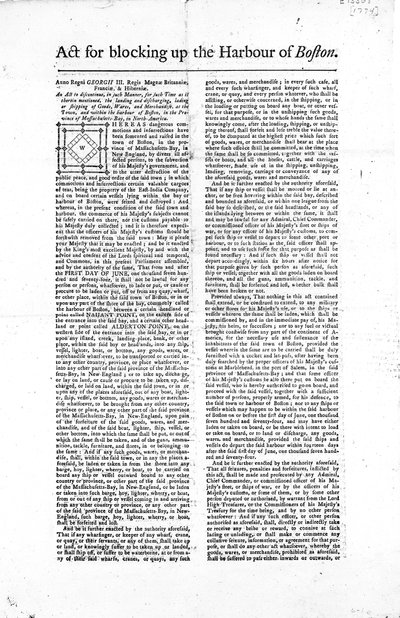Eerste pagina van een pamflet met de Act voor het blokkeren van de haven van Boston, 1774 door American School