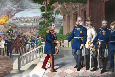 Frans-Duitse Oorlog 1870-1871: De overgave van Napoleon III na de slag bij Sedan, 2 september 1870. Kleurgravure, Amerikaans, ca. 1871 - Oorlog van 1870: Napoleon III (1808-1873) gevangene na de slag bij Sedan ontmoet Willem I van Pruisen (1797- door American School