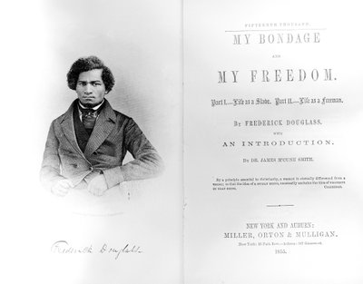 Frontispice en titelpagina van My Bondage and My Freedom, door Frederick Douglass (1818-95) uitgegeven 1855 door American School