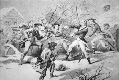 Generaal Anthony Wayne probeert een muiterij van Pennsylvanische troepen uit Morristown te onderdrukken op Nieuwjaarsdag 1781 door American School
