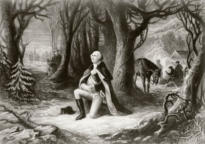 George Washington bidt in het kampement van Valley Forge tijdens de Amerikaanse Onafhankelijkheidsoorlog in de winter van 1777-78, naar een schilderij van Henry Brueckner door American School
