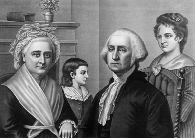 George Washington met zijn vrouw Martha Washington en zijn kinderen in Mount Vernon. Gravure rond 1880 door American School
