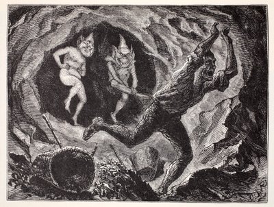 Kabouters die een mijnwerker bang maken, uit The World Guide to Gnomes, Fairies, Elves and Other Little People door Thomas Keightley (1789-1872) gepubliceerd 1880 door American School