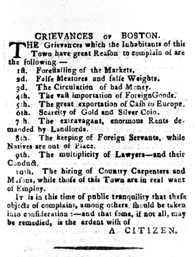 Klachten van Boston, brief gepubliceerd in de Boston Gazette, 4 april 1786 door American School