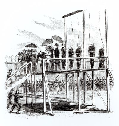 Ophanging van de samenzweerders van de moord op Lincoln, 7 juli 1865 door American School