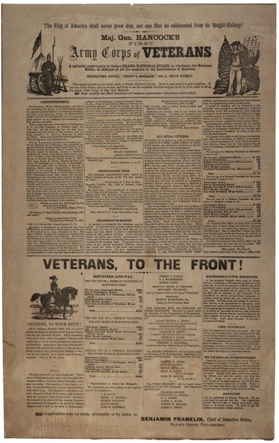Geïllustreerde Philadelphia wervingsposter voor het Eerste Legerkorps van Veteranen van Generaal Hancock inclusief Unie man en vrouw, februari 1865 door American School