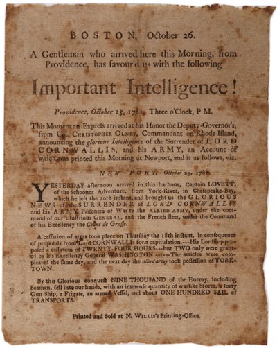 Belangrijke informatie! (aankondiging van de overgave van Cornwallis in Yorktown), kleine affiche gedrukt door M. Willis, Boston, 26 oktober 1781 door American School