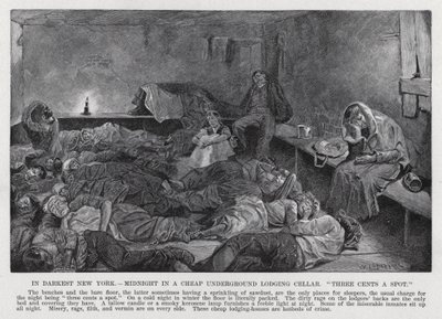 In het donkerste New York, middernacht in een goedkope ondergrondse slaapkelder, "drie cent per plek" (litho) door American School