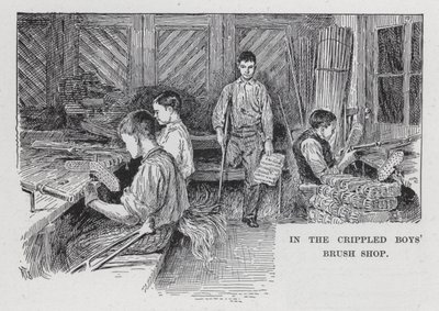 In de borstelwerkplaats van de kreupele jongens (litho) door American School
