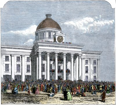Inauguratie van president Jefferson Davis als Hwas van de Geconfedereerde Staat van Amerika, stadhuis van Montgomery, Alabama door American School