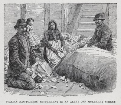 Italiaanse voddenrapers nederzetting in een steegje bij Mulberry Street (litho) door American School