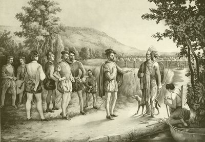 Jacques Cartier, zijn eerste ontmoeting met de Indianen in Hochelaga nu Montreal in 1535, ca. 1850 door American School