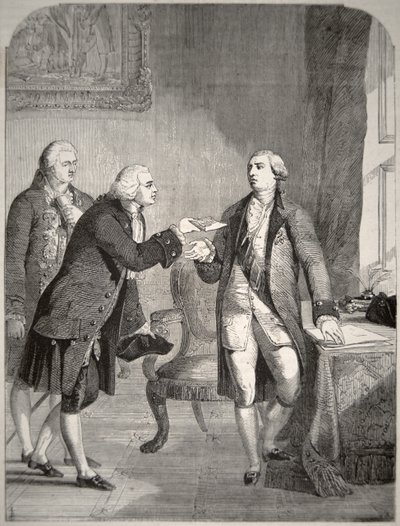 John Adams (1735-1826) als de eerste Amerikaanse ambassadeur aan het Engelse hof, die zijn geloofsbrieven overhandigt aan koning George III (1738-1820) door American School