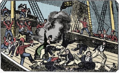 De dood van de piratenedelman Jean Lafitte (1780-1826), gravure uit The pirate own book 1837. door American School