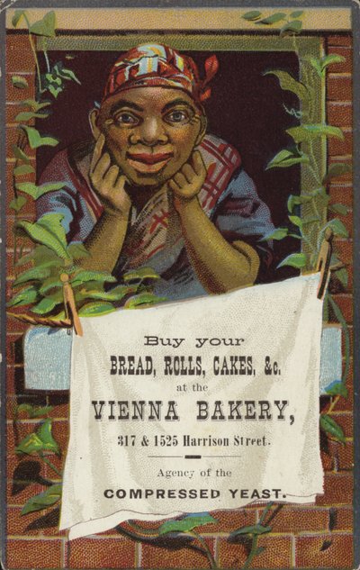 Dame bij raam adverteert Vienna Bakery door American School