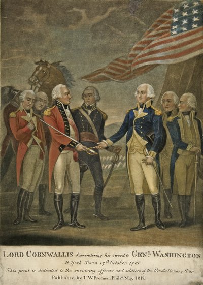 Lord Cornwallis geeft zijn zwaard over aan Genl. Washington in York Town door American School