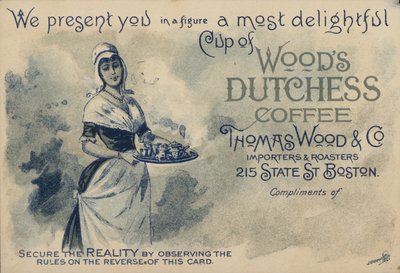 Dienstmeisje serveert koffie, reclame voor Woods Duchess Coffee, Boston door American School