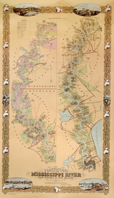 Kaart met plantages aan de Mississippi-rivier van Natchez tot New Orleans, 1858 door American School