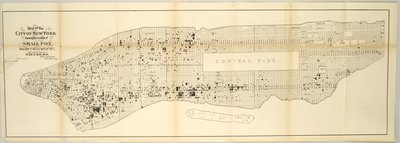 Kaart van de stad New York met de locatie van pokken, van 1 mei 1874 tot 30 april 1875 door American School