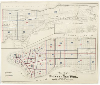 Kaart van de County of New York, met de Wijken en Politieprecincten, en Locatie van Politiebureaus., 1870 door American School