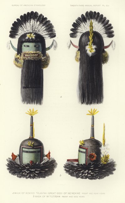 Masker van Kokko Thlanna (grote god) van Newekwe (kleurenlitho) door American School