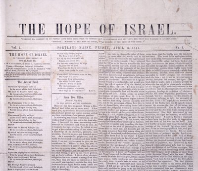 Koptekst van The Hope of Israel, gedrukt Portland, Maine 17 april 1845 door American School