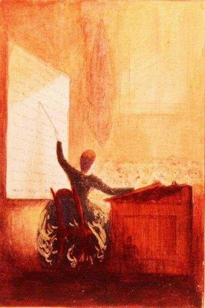 Juffrouw Sarah E. Holden geeft les met behulp van een fonetische kaart, ca. 1840 door American School