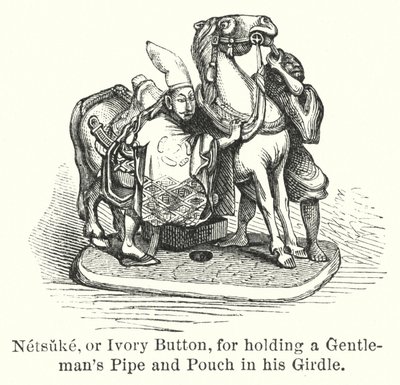 Netsuke, of Ivoren Knoop, voor het Vasthouden van een Pijp en Tas van een Heer in zijn Gordel door American School