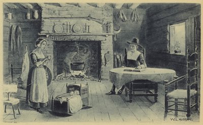 Pioniershuis in New England (litho) door American School